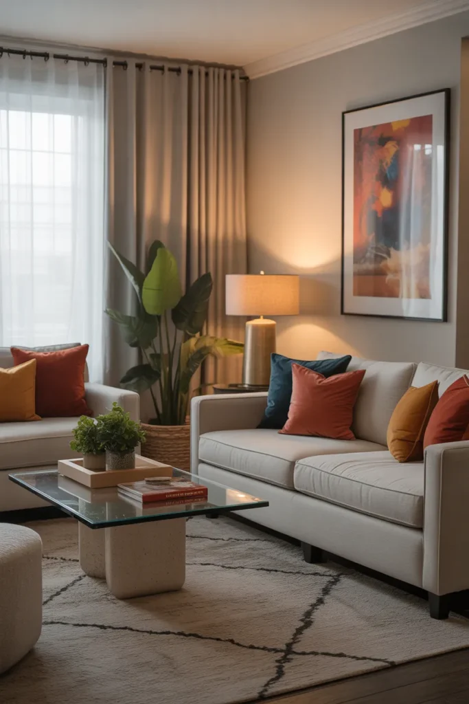 Cozy Luxe Living Room with Pops of Color