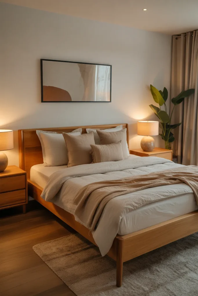 Cozy Modern Bedroom with Warm Wood Accents