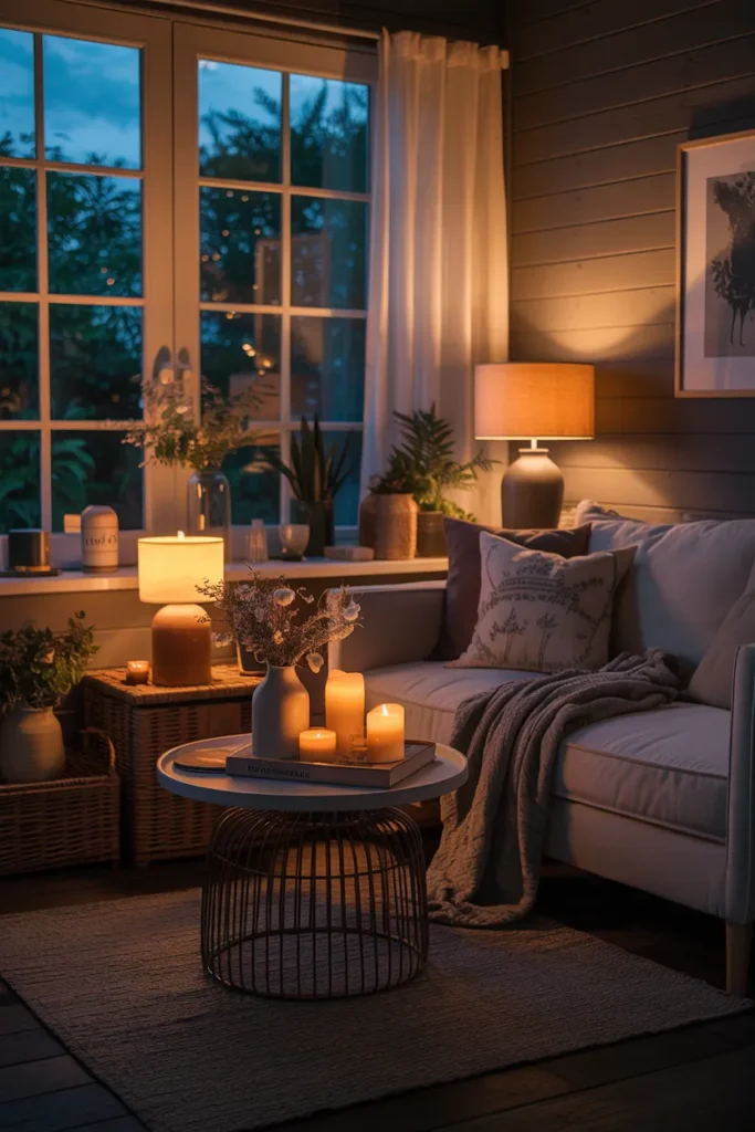Cozy Nighttime She Shed Interior with Ambient Lighting