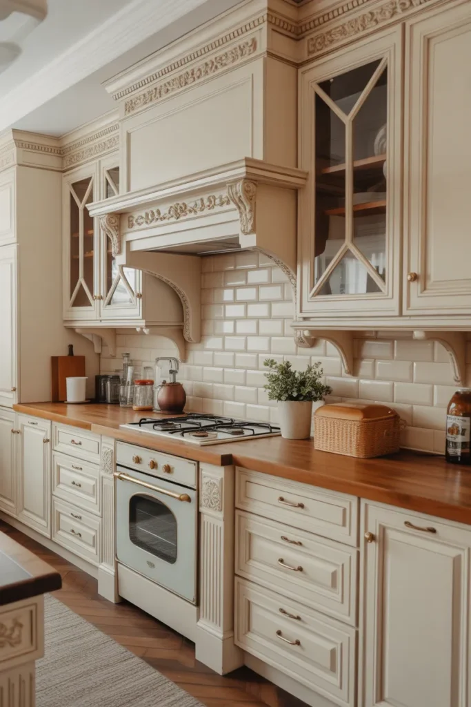 Cream Victorian Kitchen with Butcher Block Countertops