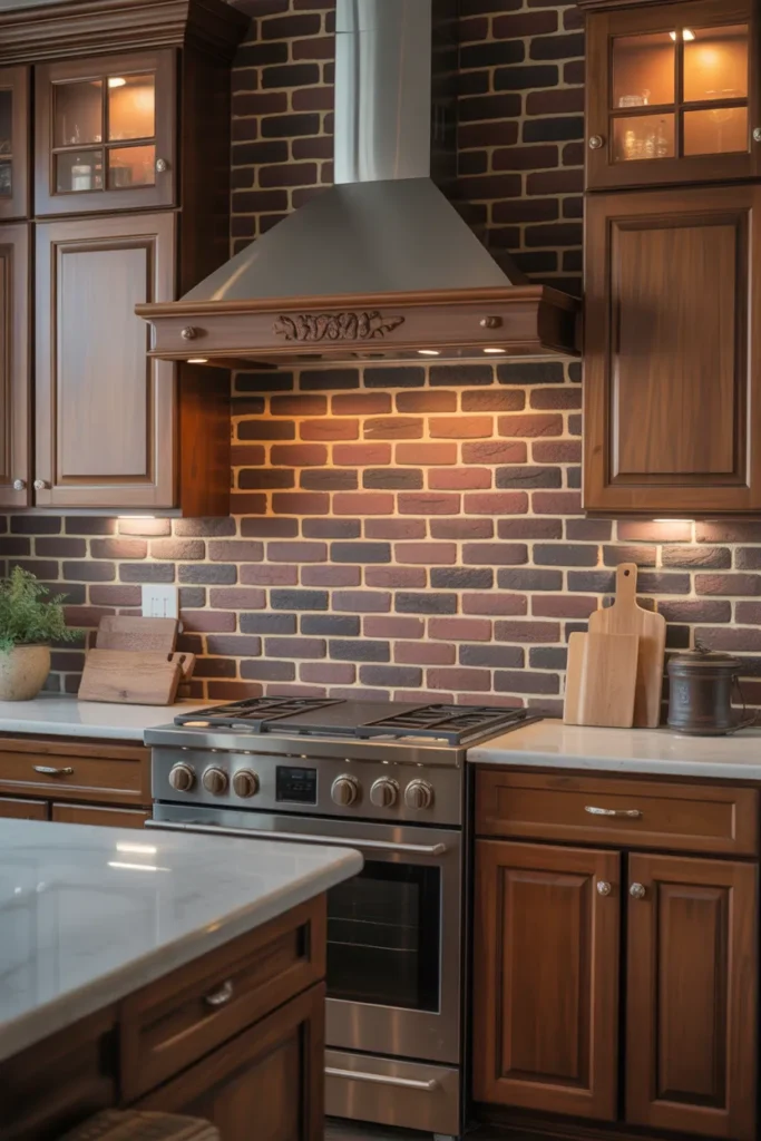 Dark Brown Brick Backsplash for Cozy Warmth