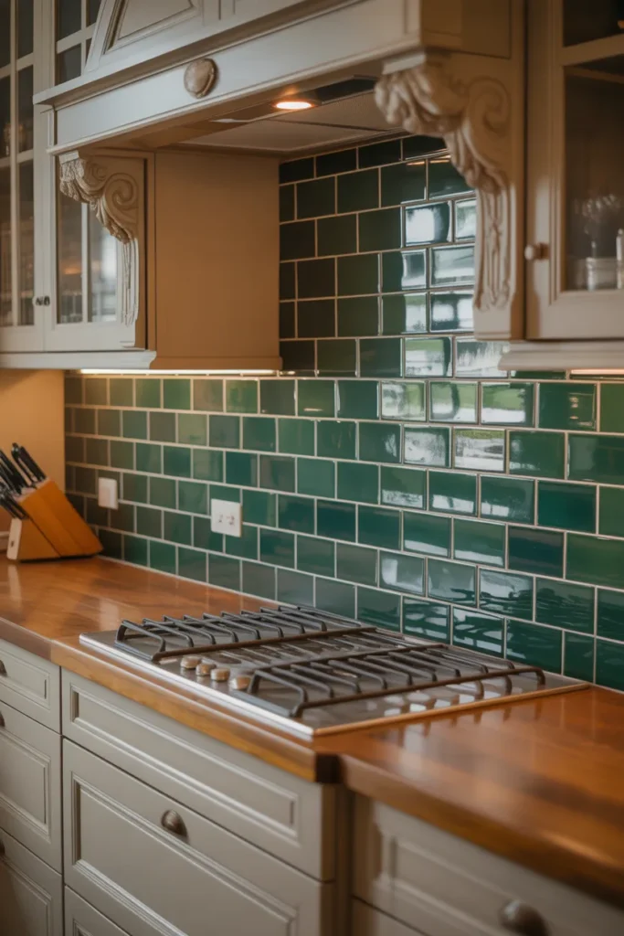 Dark Forest Green Tiles with Warm Wood Accents