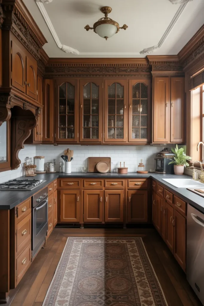 Dark Wood Victorian Kitchen with Gold Accents