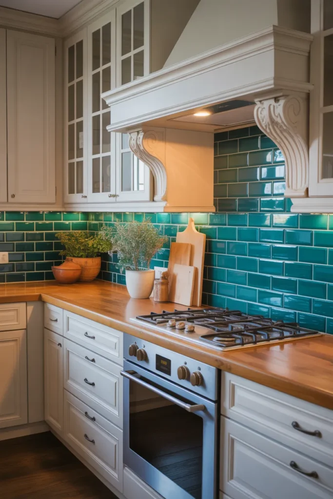 Deep Teal Backsplash with Contrasting White Cabinets