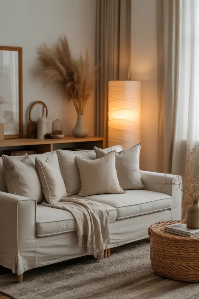 Earthy Living Room with Linen and Cotton Textiles