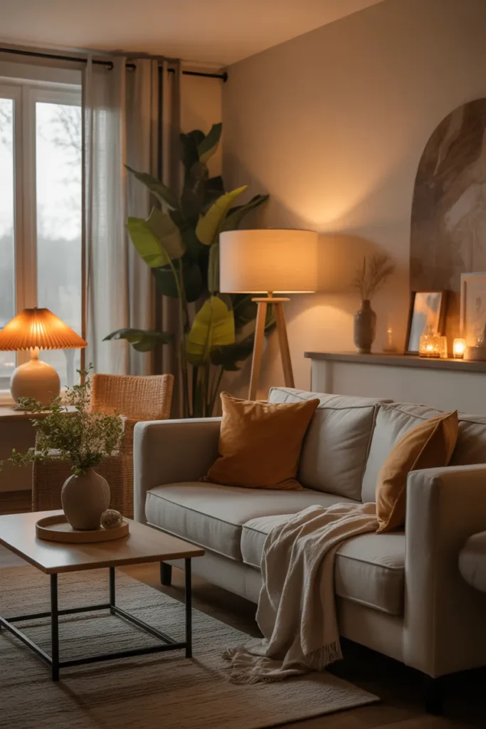 Earthy Living Room with Soft Lighting Layers