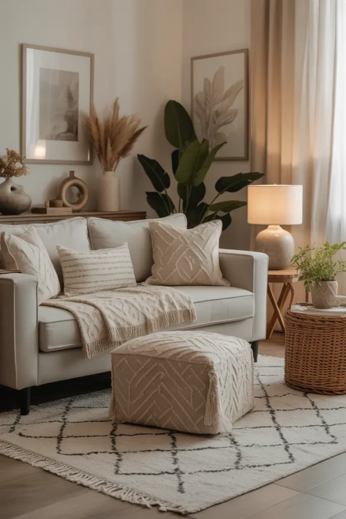 Earthy Living Room with Subtle Pattern Play