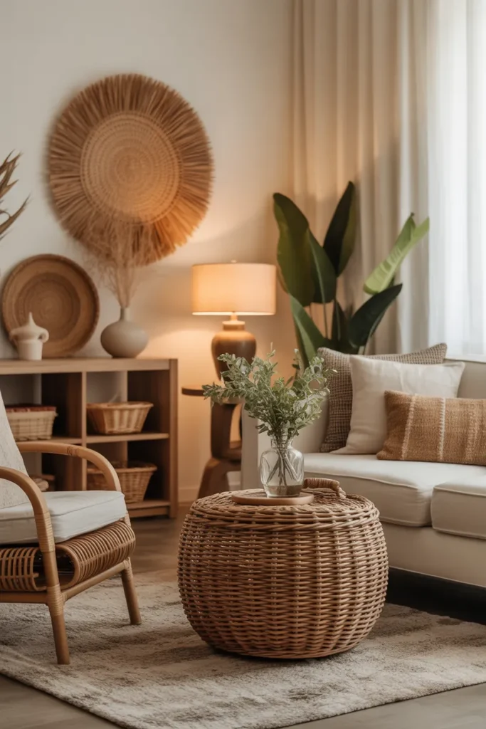Earthy Living Room with Woven and Rattan Decor