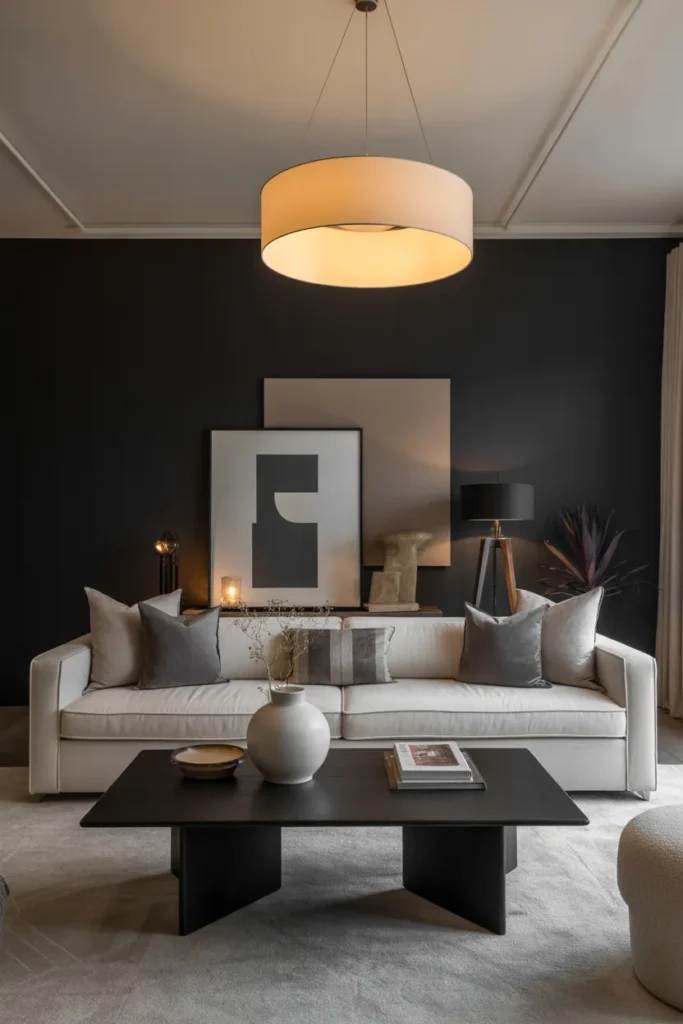 Elegant Living Room with Dark Accents and Modern Contrast