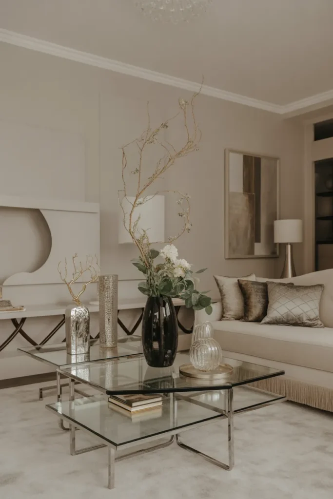 Elegant Living Room with Glass and Metallic Accents