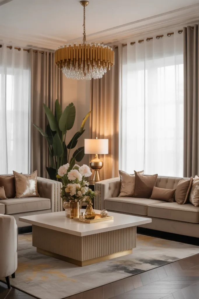 Elegant Living Room with Gold and Velvet Details
