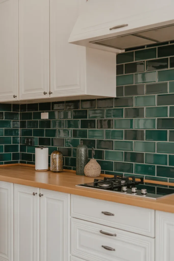 Emerald Tile Backsplash with White Cabinets