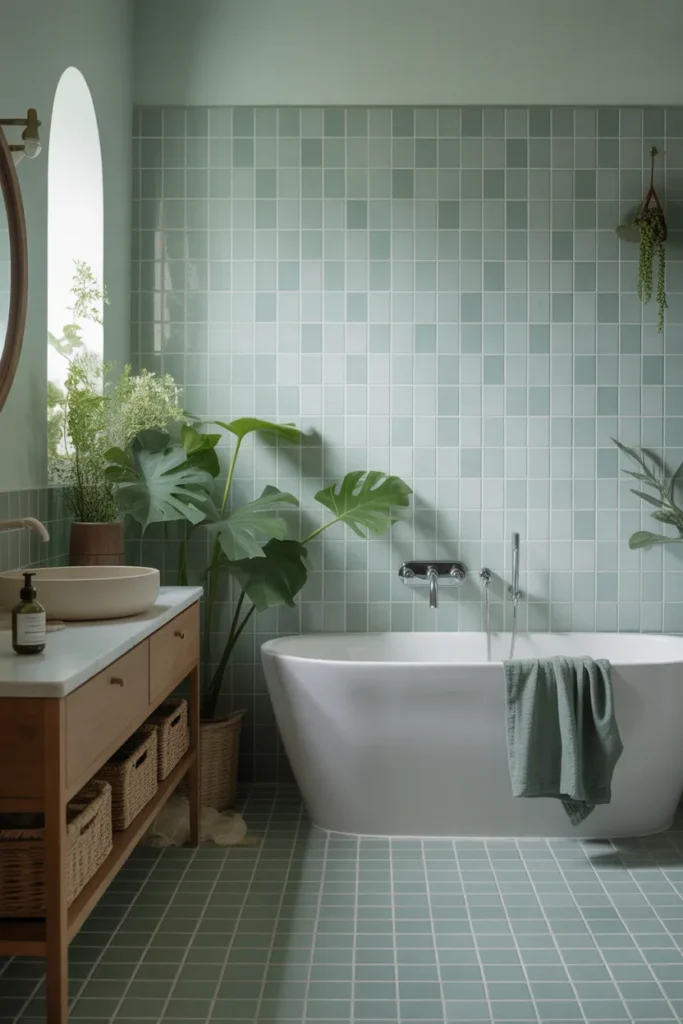 Eucalyptus Green Bathroom with Stone Details