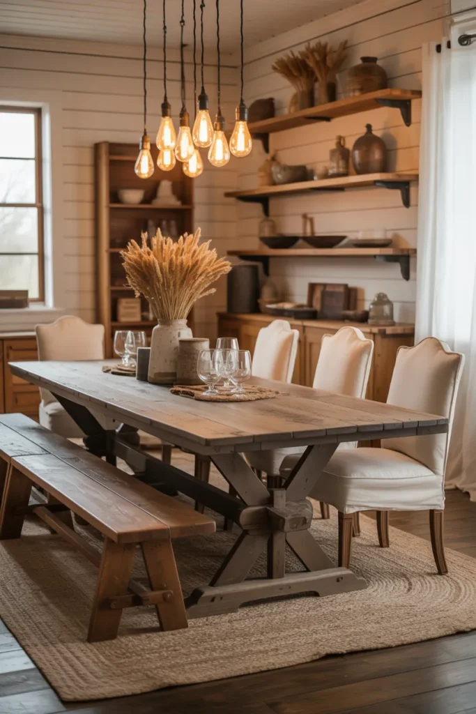 Farmhouse Dining Room with Bench Seating