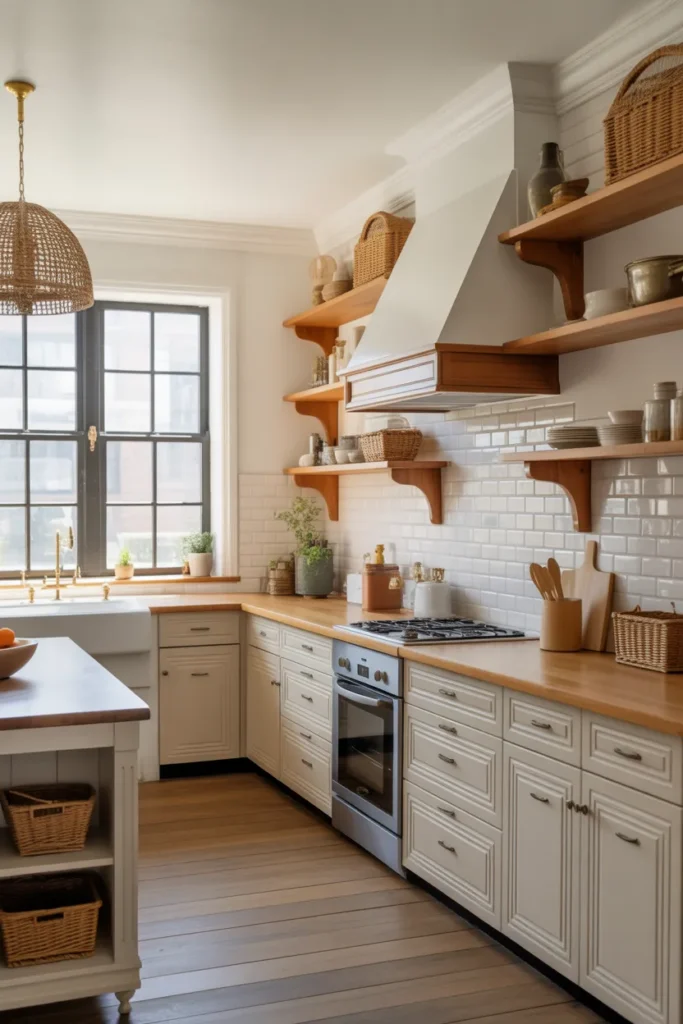 Farmhouse Kitchen with Classic White Cabinets and Open Shelving