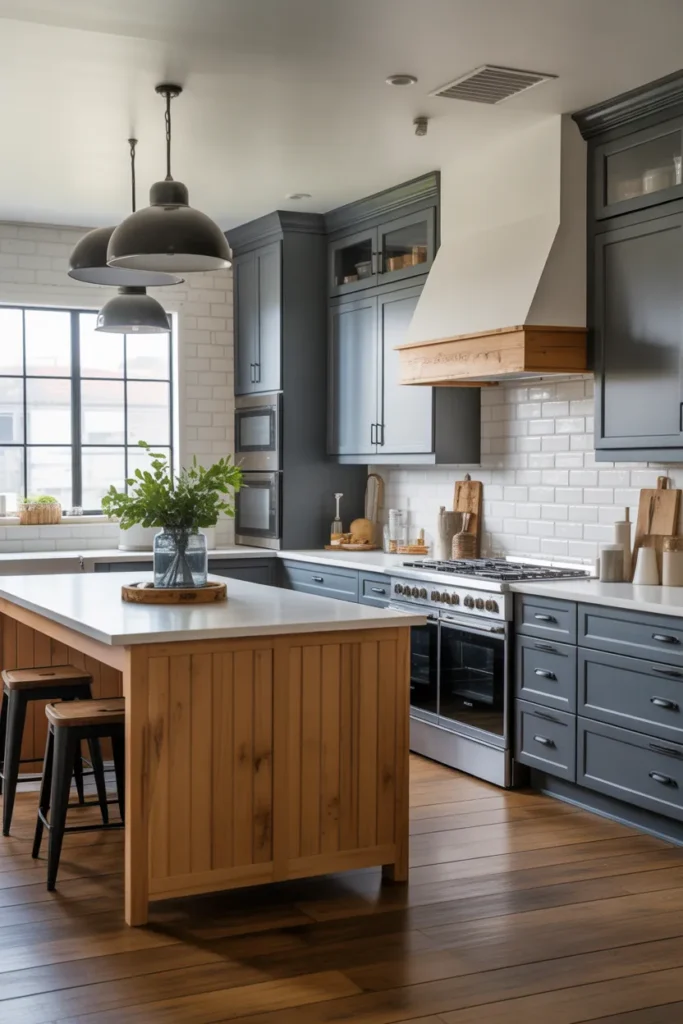 Farmhouse Kitchen with Slate Gray Cabinets and Wooden Island