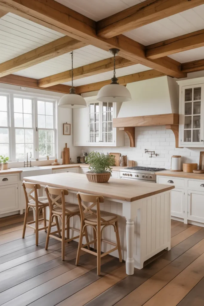 Farmhouse Kitchen with White Cabinets and Wood-Beamed Ceiling