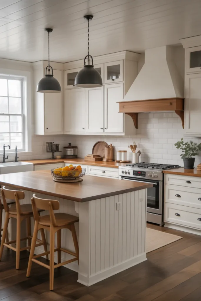 Farmhouse Kitchen with White Shaker Cabinets and Wood Countertops