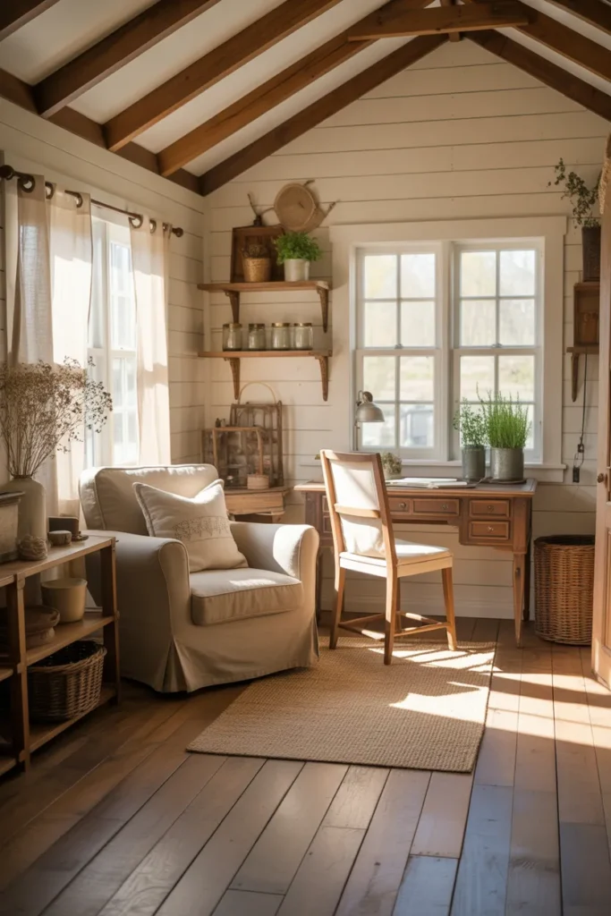 Farmhouse She Shed Interior with Cozy Simplicity