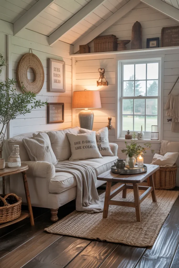 Farmhouse-Style She Shed with Cozy Comfort