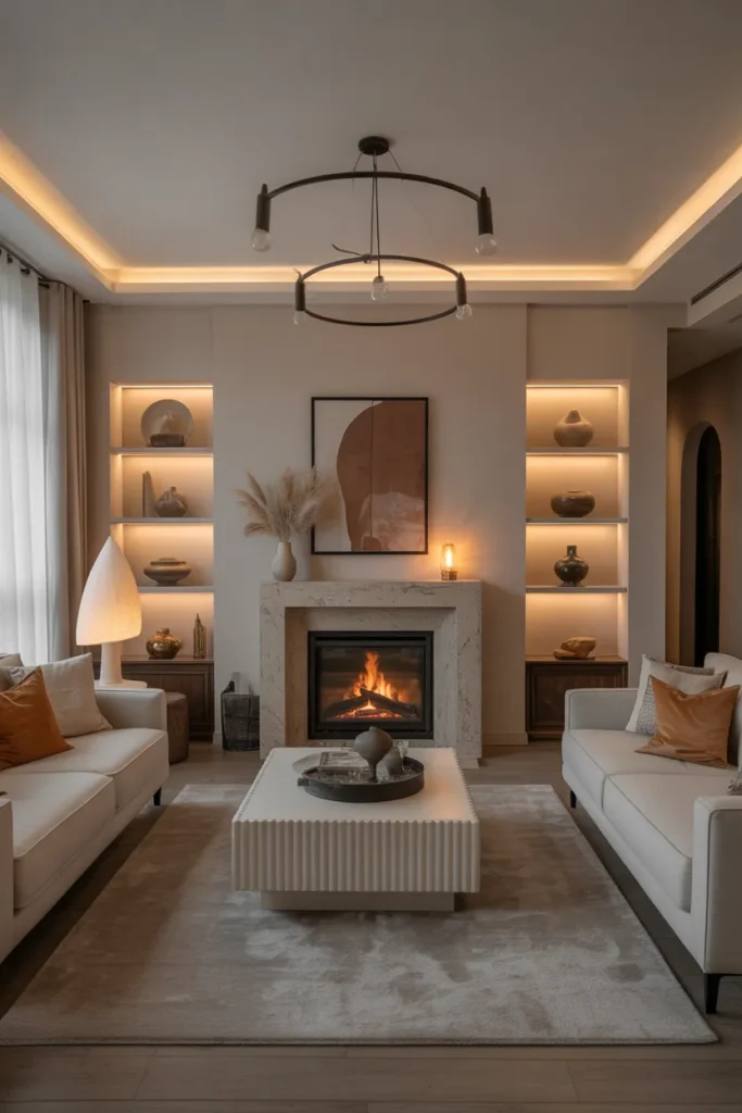 Fire-lit Cozy Living Room with Comfortable Seating