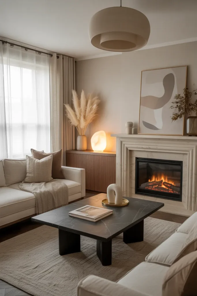 Fireplace-Centered Cozy Luxe Living Room