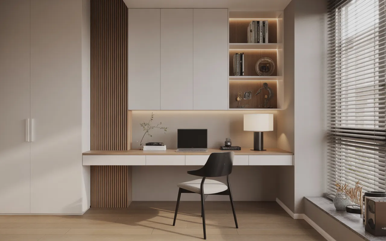 Floating Corner Desk with Minimal Chair,
