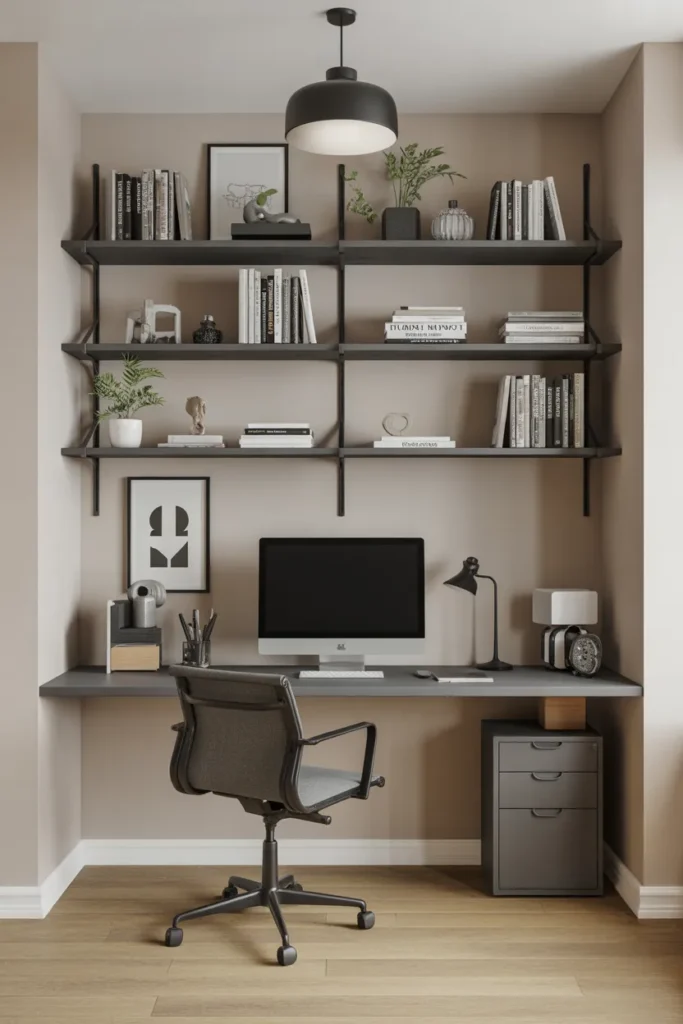 Floating Shelves Above a Slim Desk