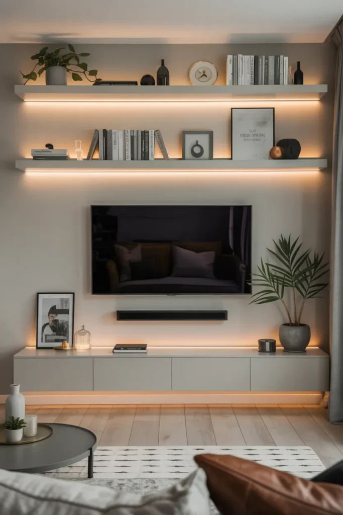 Floating Shelves TV Wall With Open Display