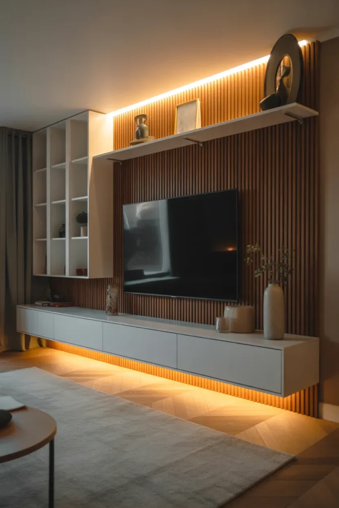 Floating TV Wall with Wood Accents