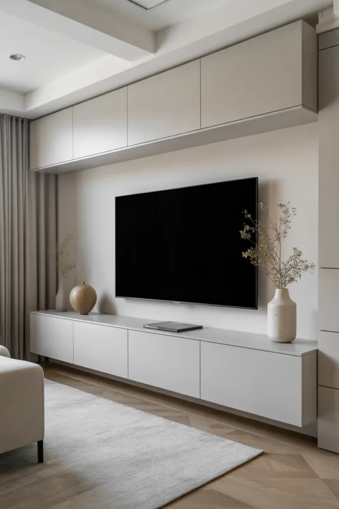 Floating White TV Wall with Cabinets