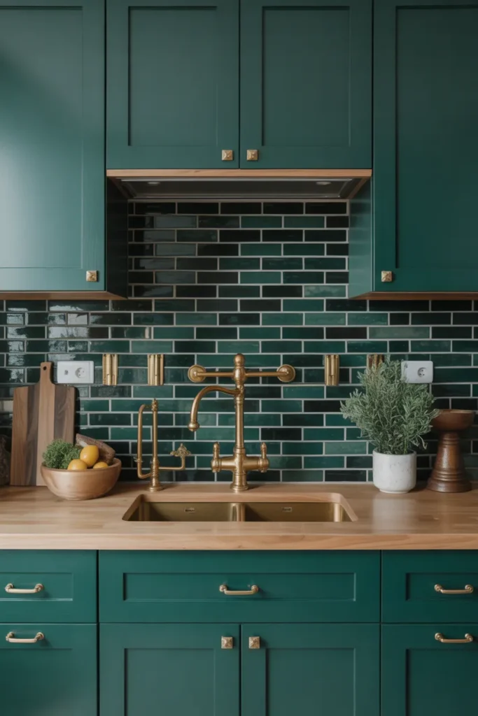 Forest Green Backsplash with Brass Accents