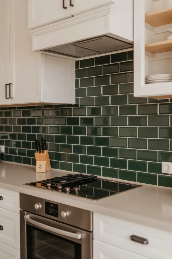 Forest Green Subway Tiles with White Grout