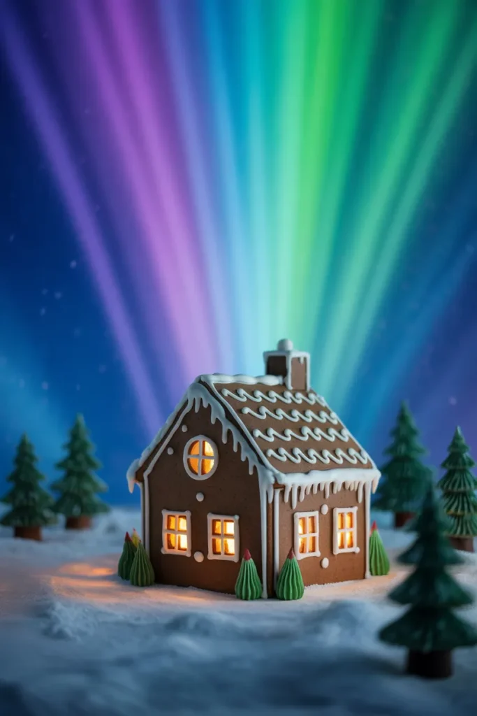 Gingerbread House with Northern Lights Theme
