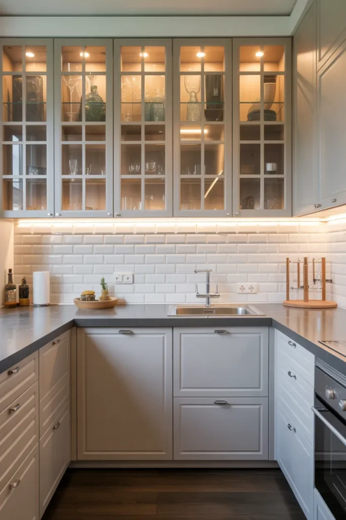 Glass-Front Cabinets with Interior Lighting