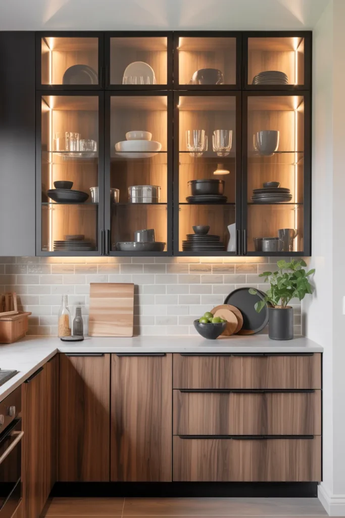 Glass-Front Upper Cabinets with Wood Lower Units