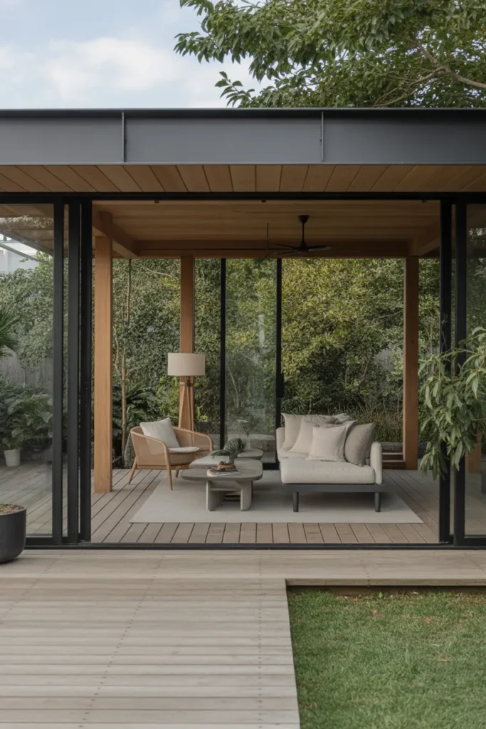 Glass-Walled Garden Room with Wooden Deck