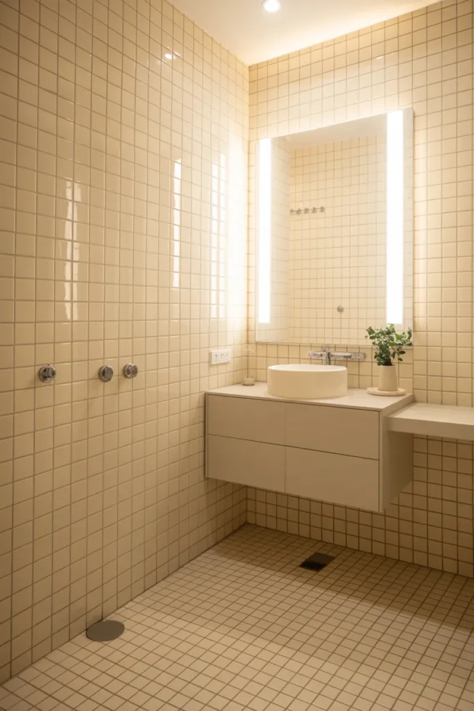 Glossy Ivory Tiles with Matching Grout