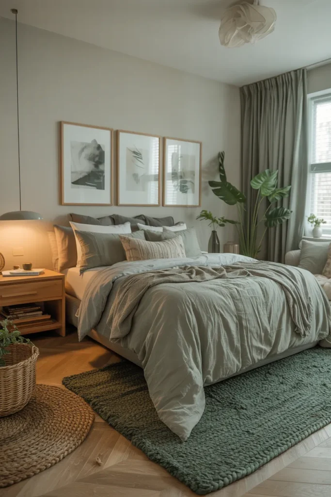 Grey Bedding with Sage Green Layered Rugs
