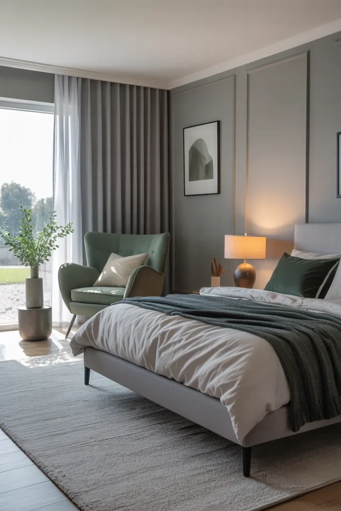 Grey Bedroom with Sage Green Accent Chair
