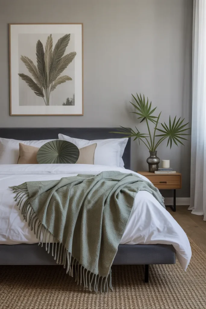 Grey Platform Bed with Sage Green Throw