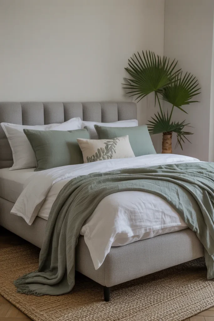 Grey Upholstered Bed with Sage Green Textiles