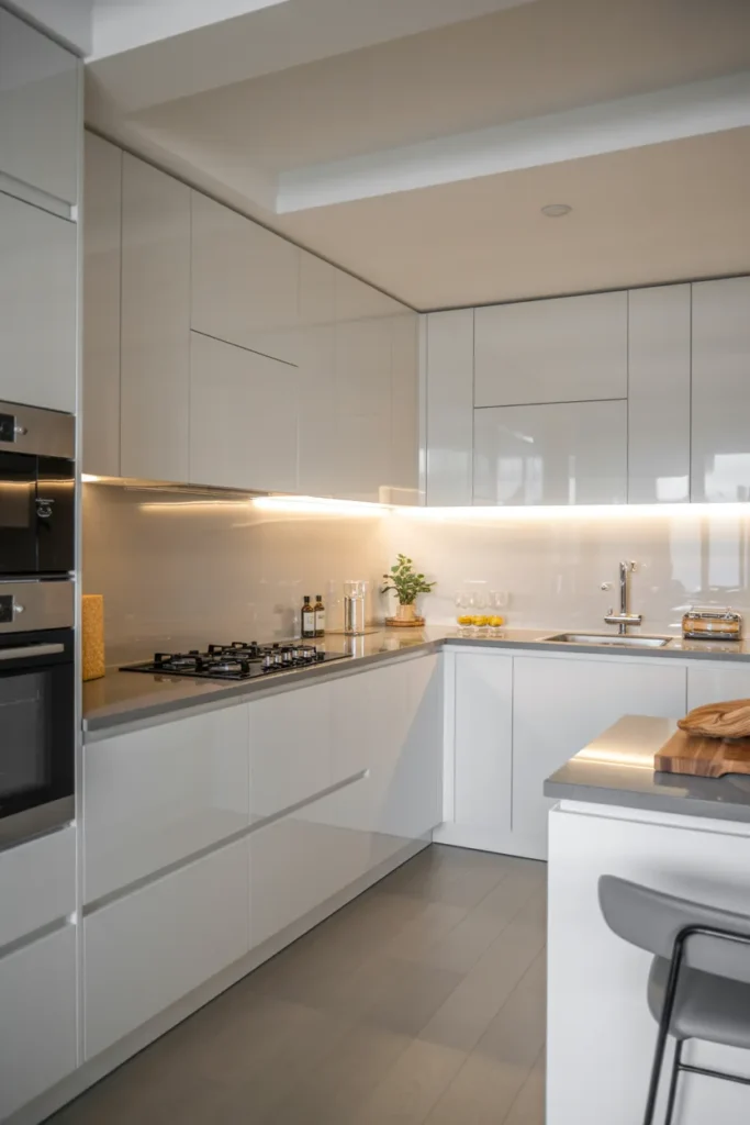 High-Gloss White Cabinets with LED Lighting