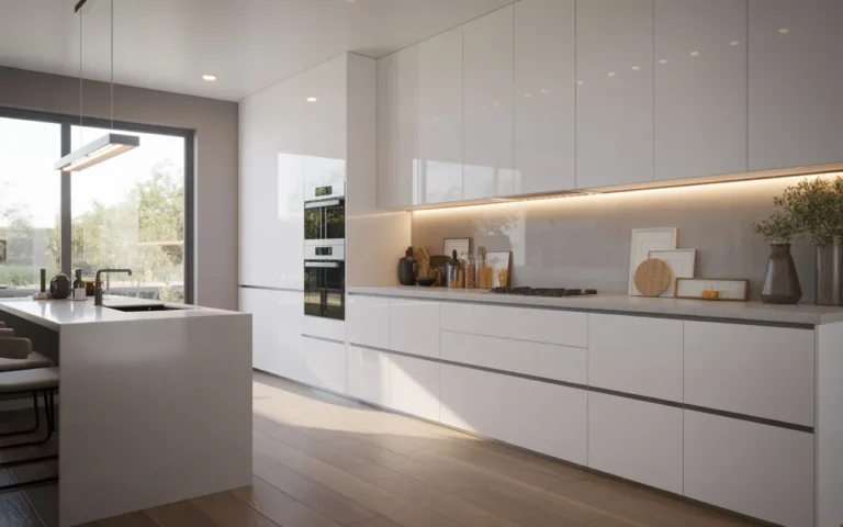 High-Gloss White Cabinets with LED Lighting,