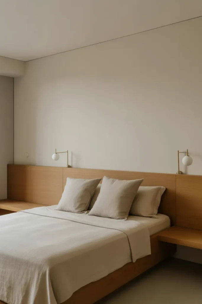 Japandi Bedroom with Built-In Wooden Headboard
