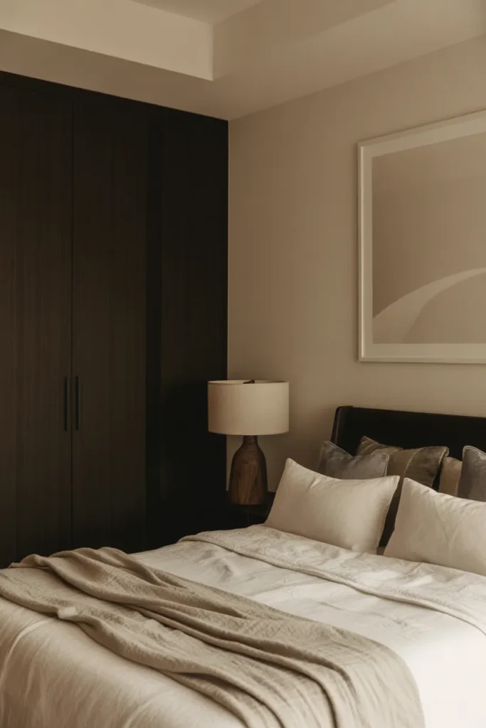 Japandi Bedroom with Dark Wood Contrast