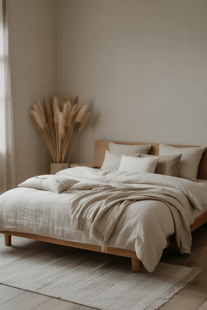 Japandi Bedroom with Neutral Layered Textiles