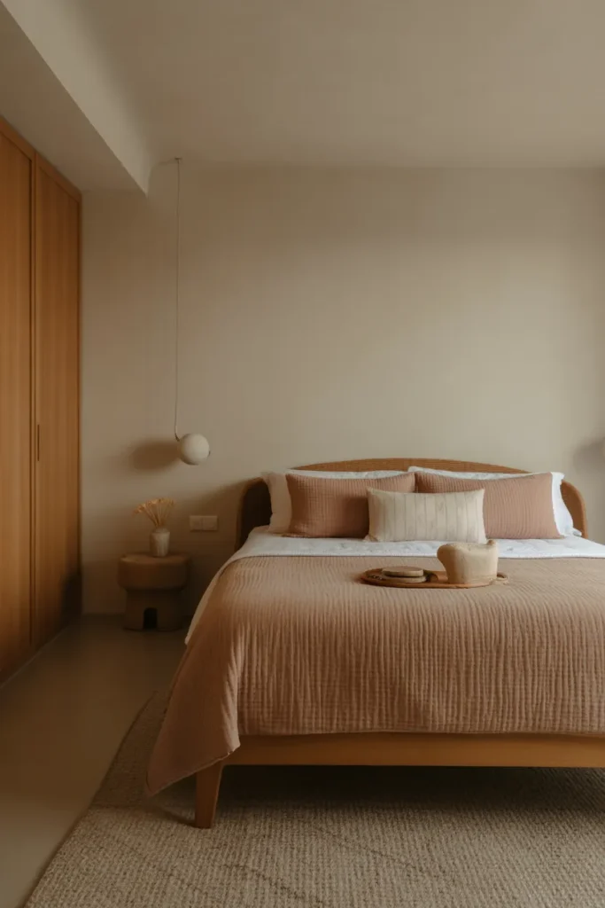 Japandi Bedroom with Soft Wood Tones and Textured Walls
