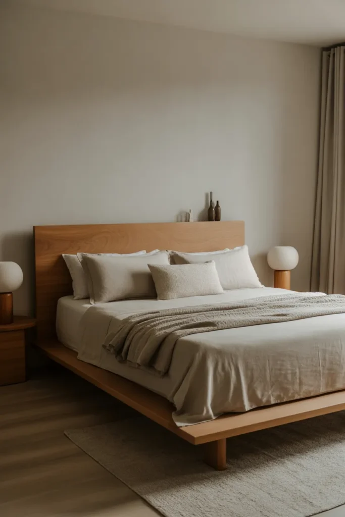 Japandi Bedroom with Statement Wooden Headboard