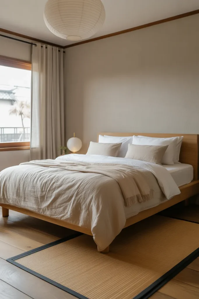 Japandi Bedroom with Tatami-Inspired Flooring